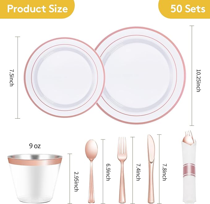 Goodluck 350 Piece Rose Gold Plastic Dinnerware Set for 50 Guests