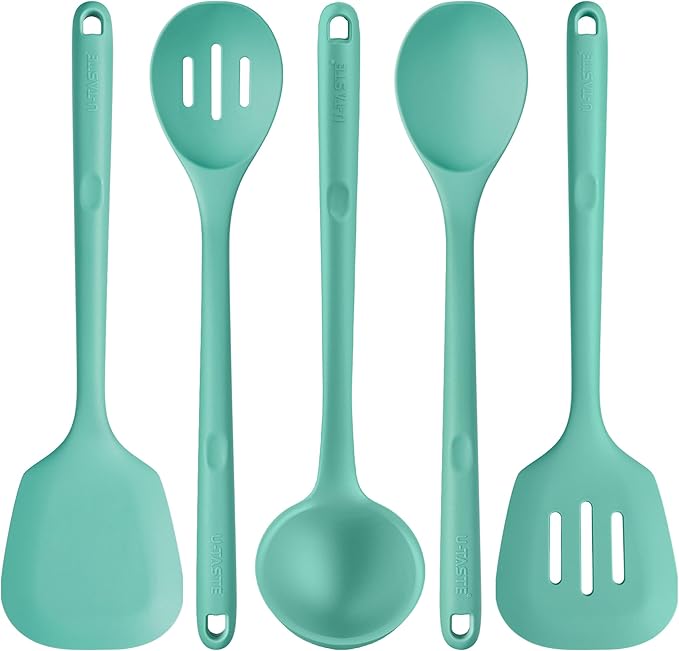 U-Taste Silicone Kitchen Cooking Utensil Set of 5, 13.6" Long, Aqua Sky