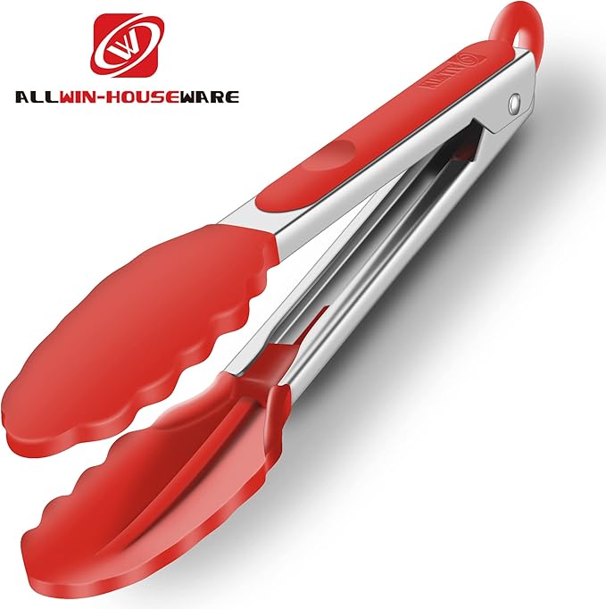 2 Pack Silicone Kitchen Tongs, 9 & 12 Inch, Stainless Steel, Red