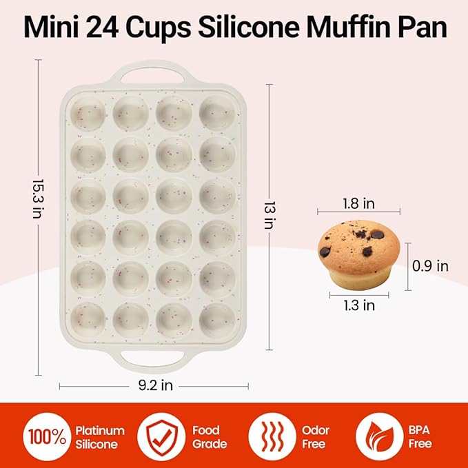 CAKETIME Mini Cupcake Pans, Metal Reinforced Frame Silicone Mini Muffin Pan Nonstick 24 Cups Easy to Handle for Baking Muffins, Cupcakes, Egg Bites 1 Pack