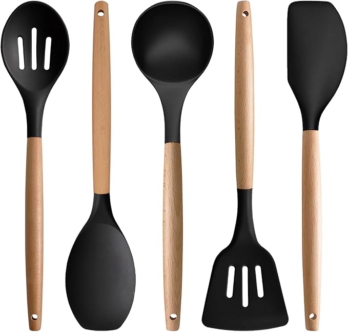 IOCBYHZ Silicone Cooking Utensils Set of 5, Heat Resistant Silicone Kitchen Utensils Set with Wooden Handle, BPA Free Spatula Spoon Turner Ladle Cooking Kitchen Gadgets for Nonstick Cookware & Baking