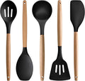 IOCBYHZ Silicone Cooking Utensils Set of 5, Heat Resistant Silicone Kitchen Utensils Set with Wooden Handle, BPA Free Spatula Spoon Turner Ladle Cooking Kitchen Gadgets for Nonstick Cookware & Baking