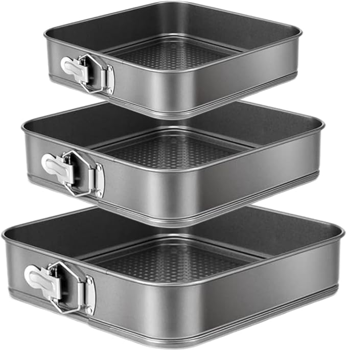 Yetthpowr Springform Cake Pan Set of 3 (9.5, 10, 11 Inch) Square Baking Pans Nonstick Cheesecake Pans with Removable Bottom Bakeware for Cake, Cheesecakes, Pizza, and Quiches