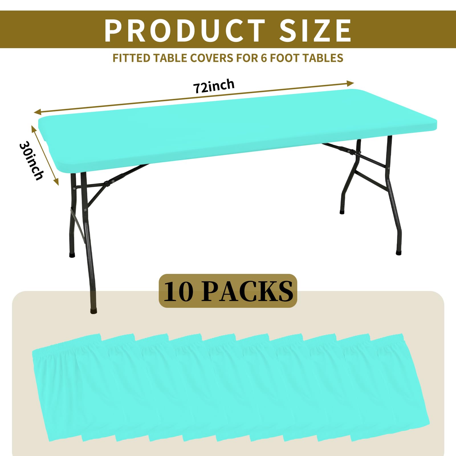 10 Pack Fitted Tablecloth for 6 Foot Rectangle Tables, Aqua Blue Elastic Outdoor Picnic Table Cover, Washable Stretch Folding Table Cloths 6 ft for Camping Party Patio Kitchen Banquet, 30" W x 72" L