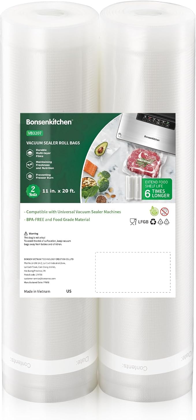 Bonsenkitchen Vacuum Sealer Bags, 11" x 20' Rolls 2 Pack for Food Storage