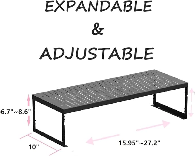Asiingkel Stackable Expandable Metal Shelf Organizer - Adjustable Wire Storage Rack with Holes for Kitchen, Bathroom, Cabinet, Office - Space Saving, Durable & Sturdy Design（1PACK/Large/Black