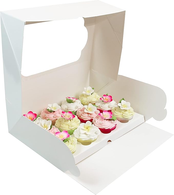 Global Sugar Art 14x10x5 Inch Cupcake Box with Window, White, 5-Count