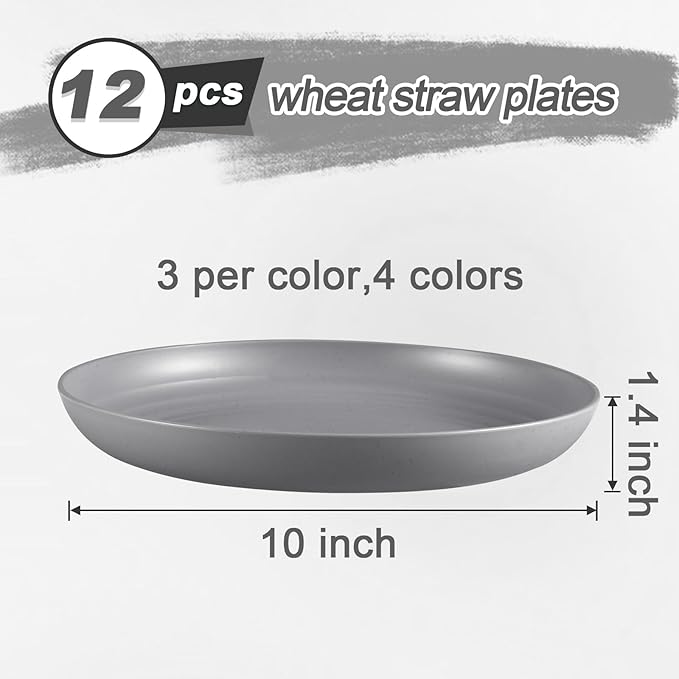 HEYCOME 12 Pcs Unbreakable Deep Dinner Plates Set, 10 inch Reusable Plastic Wheat Straw Plates, Microwave and Dishwasher Safe Plate for Kitchen, Lightweight Plate for Dessert, BPA Free, 4 Colors