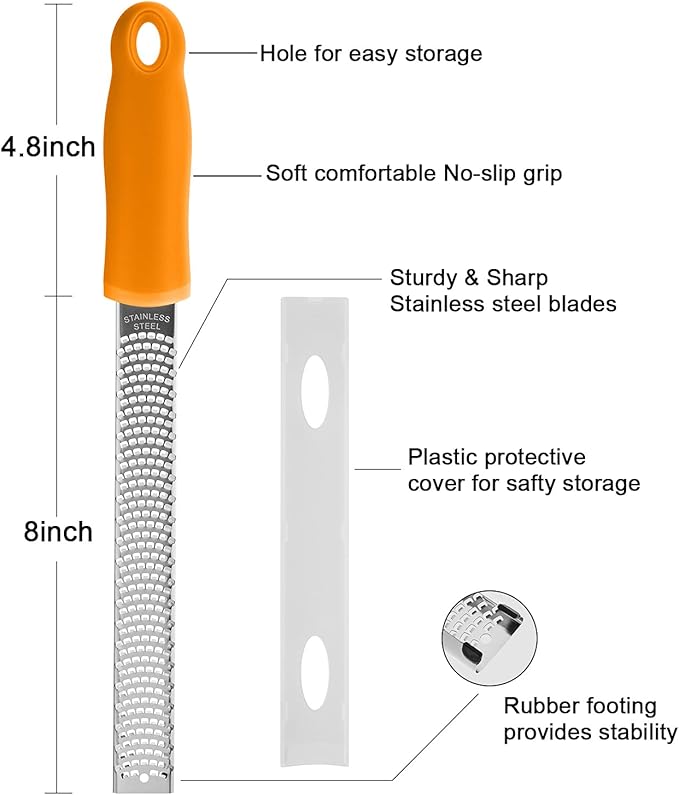 8-Inch Lemon Zester & Cheese Grater, 18/8 Stainless Steel, Orange