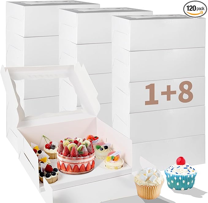 PFAMKEER Bento Cake Box With Cupcakes, Clear Window 9 Holes Bento Combination,12 Sets: Cookie Boxes Fit 8 Regular Cupcake and Mini Cakes, Christmas Wedding Birthday Party (White/clear, 1+8/12pcs)