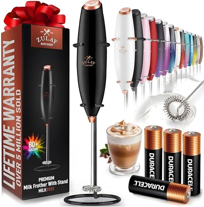 Zulay Kitchen Powerful Milk Frother Wand With Duracell Batteries - Ultra Fast Handheld Drink Mixer - Electric Whisk Foam Maker for Coffee, Lattes, Cappuccino & Matcha - Z1 Motor - Black & Copper