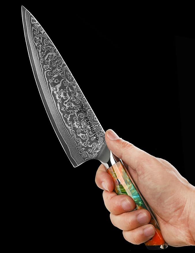 SANMUZUO Chef Knife - 8 inch - Xuan Series - VG10 Damascus Steel Kitchen Knife - Resin Handle (Fantasy Orange)
