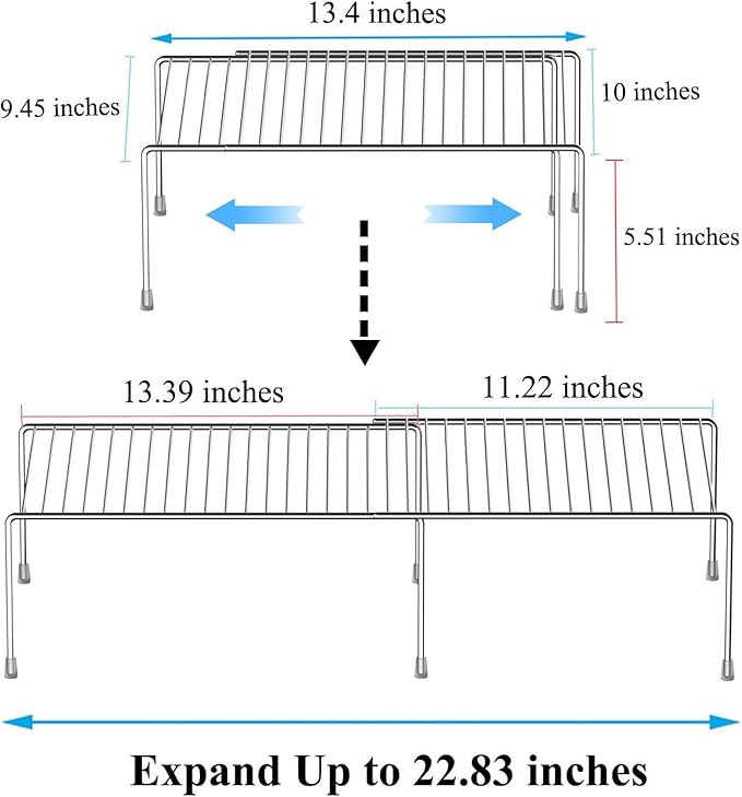GEDLIRE Kitchen Cabinet Expandable Shelf Organizers Set of 2, Adjustable Metal Wire Pantry Storage Shelves, Plate Dish Organizer Rack for Cabinets, Cupboard, Counter, Freezer, Countertop, Chrome