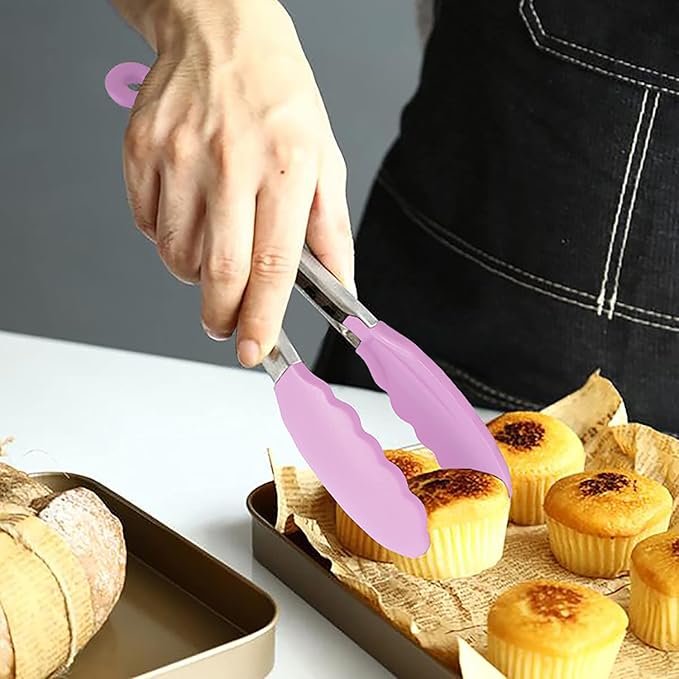 HINMAY Small Serving Tongs with Silicone Tips 7-Inch Mini Tongs, Set of 3 (Pink)