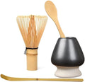Matcha Tools ，Matcha Whisk Holder， Matcha Chasen Whisk Stand ，Ceramic Holder ，Matcha Bowl ，Traditional Japanese Tea Ceremony Starter (Matte Black Ceramic Holder，Whisk ， 4 set)