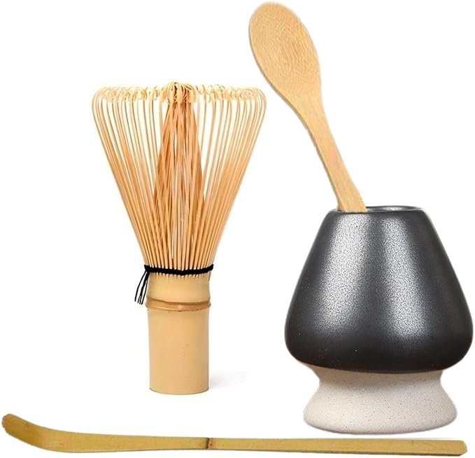 Matcha Tools ，Matcha Whisk Holder， Matcha Chasen Whisk Stand ，Ceramic Holder ，Matcha Bowl ，Traditional Japanese Tea Ceremony Starter (Matte Black Ceramic Holder，Whisk ， 4 set)