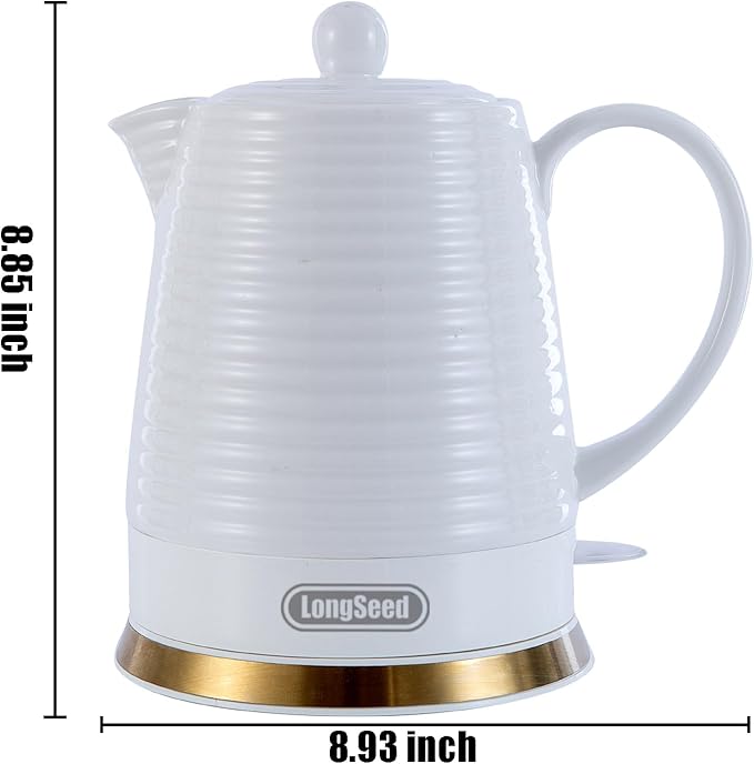 LONGSEED 1.26 Quarts Ceramic Electric Kettle with Infuser & Cups Kit, Boil Water Teapot, Boil-Dry Protection Auto Shut-off, Detachable Swivel Base, 1000W Fast Boiling for Tea and Coffee