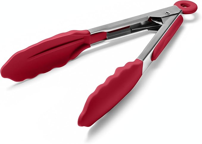 Doosu Kitchen Tongs with Silicone Tips for Cooking Serving (7in, Red)