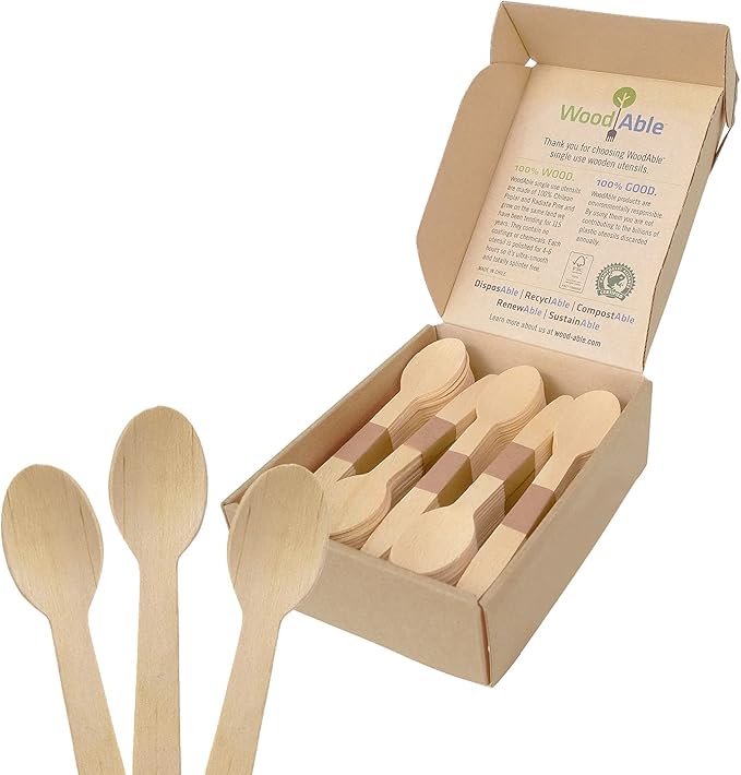WOODABLE Wooden Spoons, 100 Pack, 6.5 Inch, Bamboo Utensils Alternative