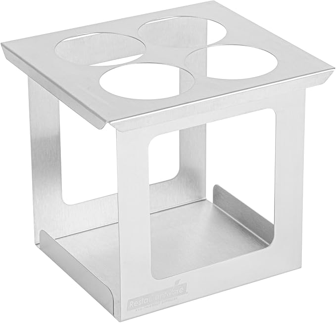 Restaurantware Squeeze Bottle Holder 1 Count 6.30 x 7.01 x 6.26 Inches Stainless Steel Condiment Organizer - Four-Hole Durable Kitchen Rack - Silver Prep Station Organizer