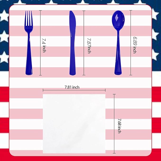 Liacere 100Pack Pre Rolled Blue Silverware and Napkin-Disposable Blue Plastic Utensils-Plastic Cutlery Set with Napkin:100 Forks,100 Knives,100 Spoons,100 Napkins for Wedding&Party&Independence Day