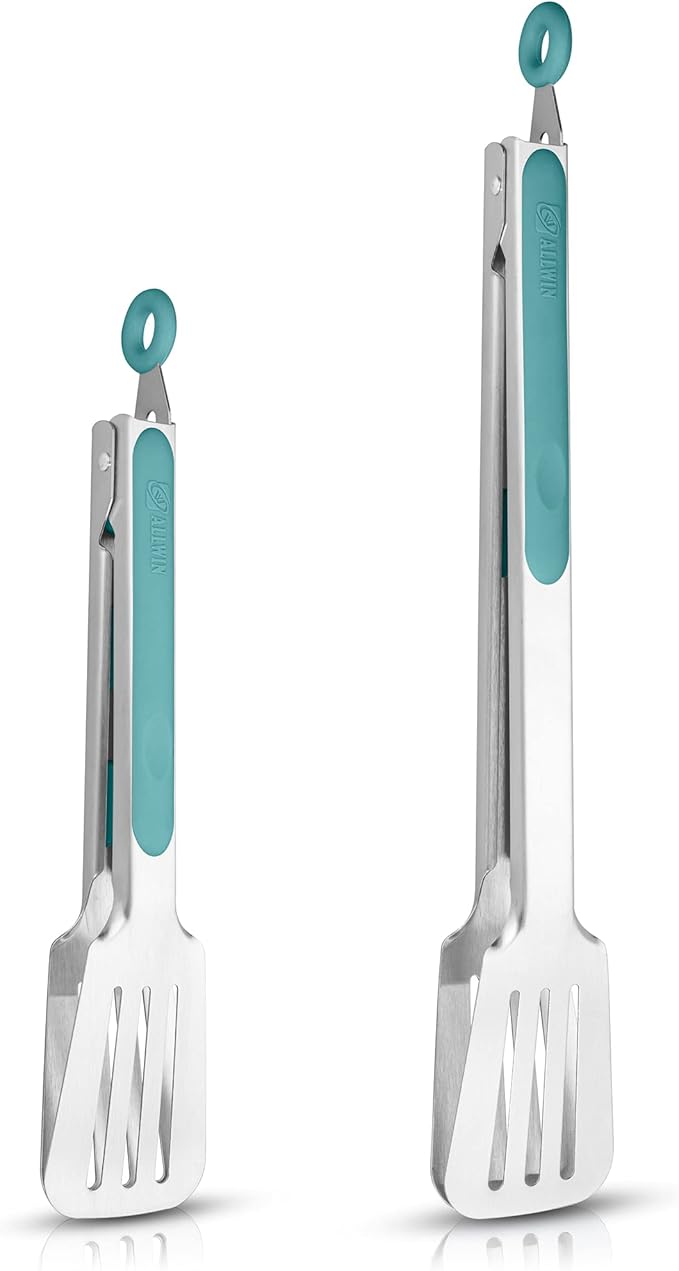 Kitchen & Grill Tongs Set of 2, 304 Stainless Steel, 9 & 12 Inch, Aqua Sky