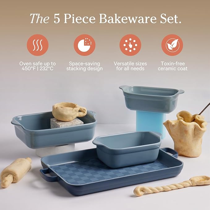 Our Place Bakeware Set | 5-Piece Ceramic Bakeware Collection with Stovetop-to-Oven Griddle Pan | PFAS-Free Non-Toxic Nonstick Pans, Oven Mat & Baking Dishes | Blue Salt