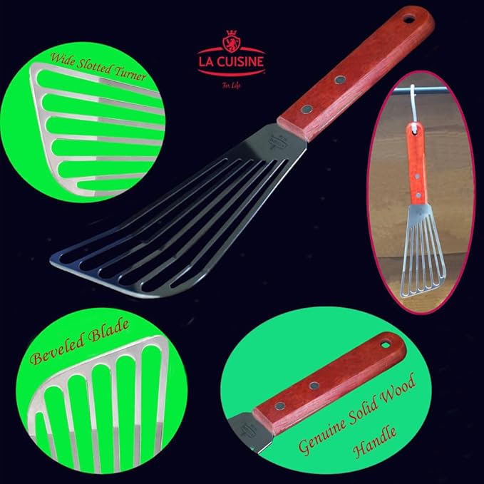 La Cuisine Extra Flexible Stainless Steel Fish Slotted Spatula Turner with Beveled Edge Wood handle, 6.5" Blade, 11" Length for Flipping Fish, Eggs, Pancakes, Patties & Fries