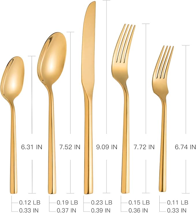 Kelenfer Gold Silverware Set Flatware Set Stainless Steel Cutlery Set 40 Pieces Hexagon Handle Home Kitchen Daily Use Service for 8