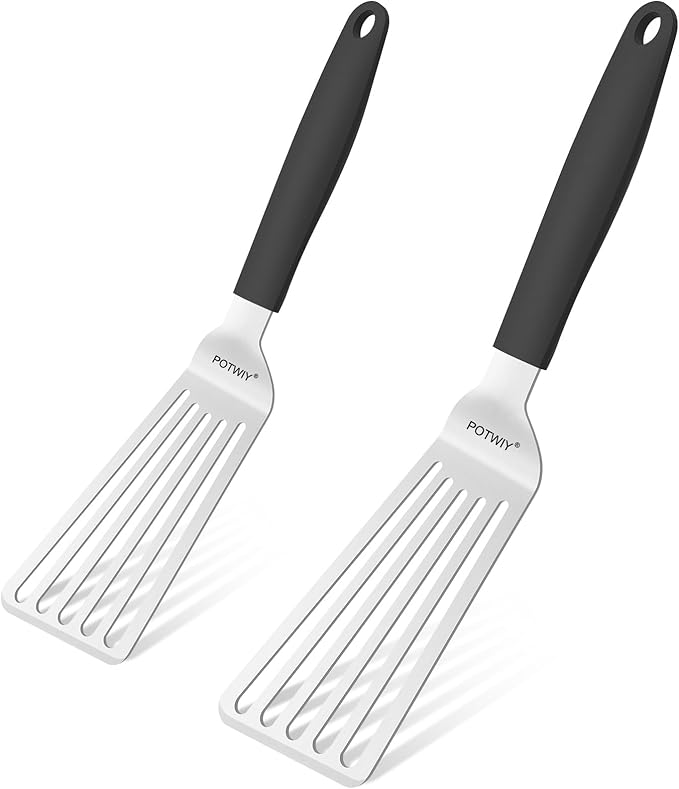 POTWIY Stainless Steel Spatula Set, 13.3" Large & 11.3" Small Slotted Fish Turner with Silicone Handle, Metal Spatulas for Kitchen, Grilling, Cooking Utensils Flipper for Fish, Egg, Pancake (2 Pack)