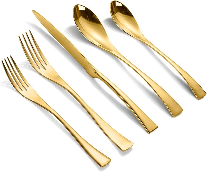Lemeya 20-Pieces Gold Silverware Set for 4,Heavy Duty 18/10 Stainless Steel Flatware Set with Forged Stand Knives,Modern Cutlery Utensil Set,Mirror Polished,Dishwasher Safe