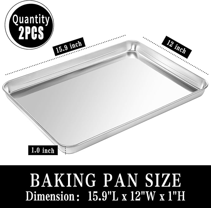 Pack Jelly Roll Pan Set of 2, 15.9” x 12” Stainless Steel Cookie Sheets for Baking, Non Stick Baking Sheets for Oven Heavy Duty Baking Trays