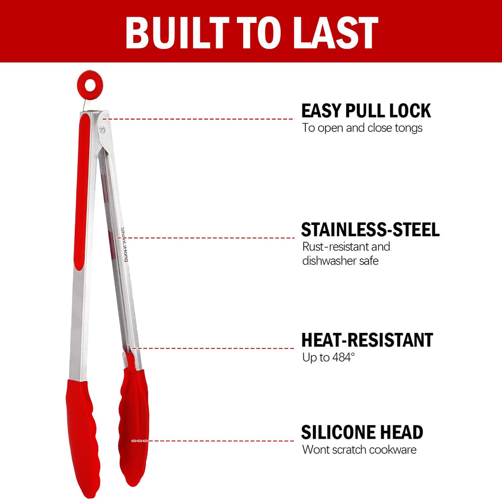 Shanlihong Silicone Kitchen Tongs for Cooking - 9+12 Inch Heat-Resistant Stainless Steel Cooking Tongs with Non-Slip Handle, Non-Scratch Tips for, BBQ, Salad & Air Fryer - 2-PieceRedSet