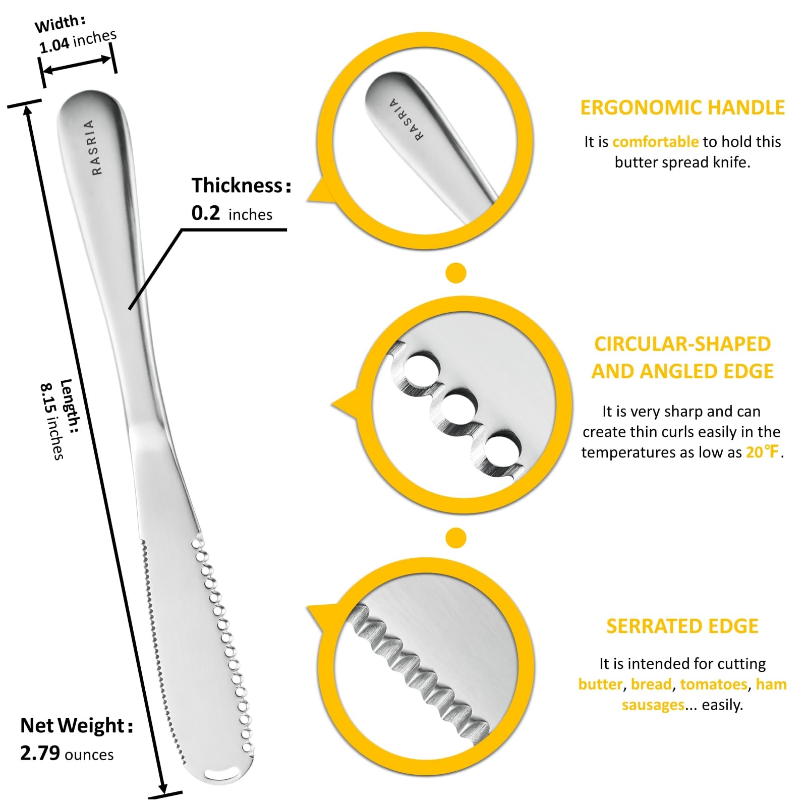 RASRIA 3-in-1 Stainless Steel Butter Knife for Cold & Hard Butter – Butter Spreader, Curler & Slicer with Crescent Hole