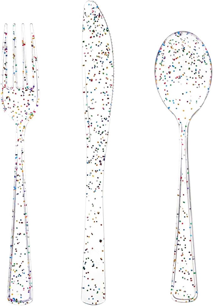 Supernal 360pcs Clear Glitter Plastic Silverware, Color Disposable Cutlery