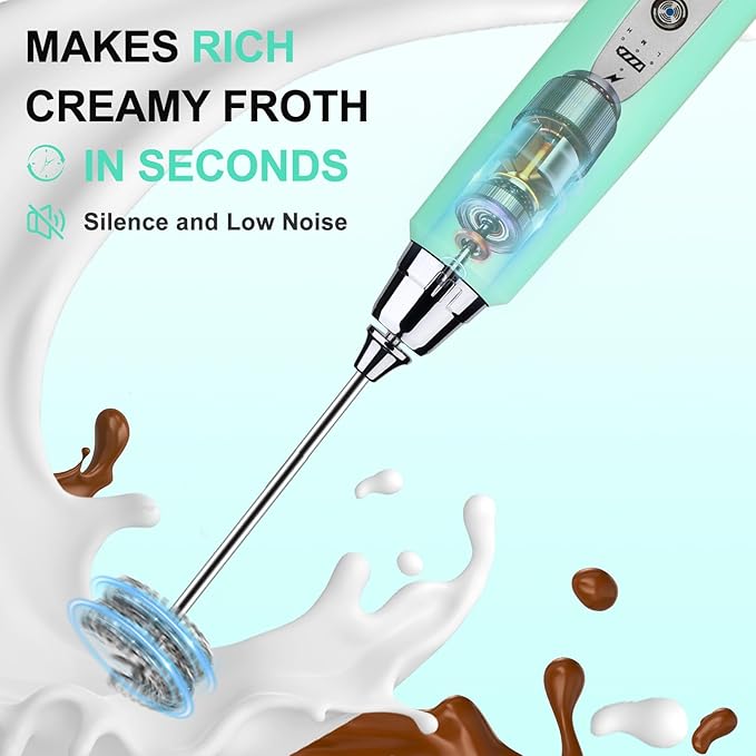 YUSWKO Handheld Milk Frother Wand for Coffee, Rechargeable Electric Whisk with 3 Heads 3 Speeds Drink Mixer Coffee Frother For Latte, Cappuccino, Hot Chocolate, Egg, Baby Blue