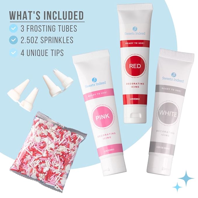 Sweets Indeed Valentines Day Frosting Decorating Set | Red White & Pink Frosting Tubes, Decorating Nozzles & Heart Jimmies Sprinkles | Baking Kit | 11.31 ounces