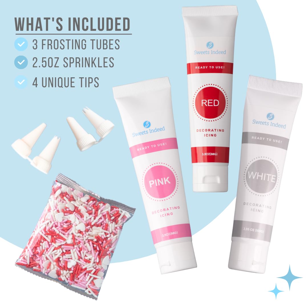 Sweets Indeed Valentines Day Frosting Decorating Set | Red White & Pink Frosting Tubes, Decorating Nozzles & Heart Jimmies Sprinkles | Baking Kit | 11.31 ounces