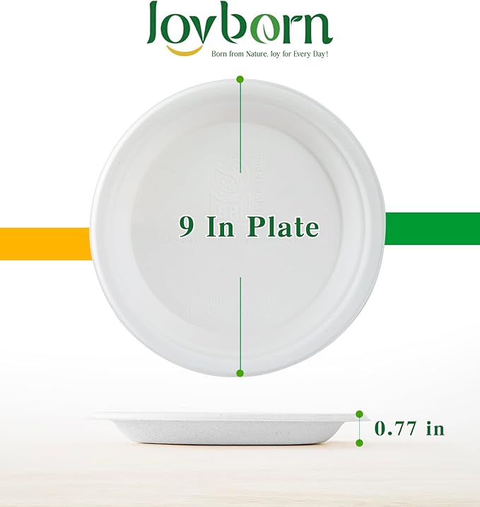 Joyborn Heavy Duty Compostable Paper Plates 9 Inch, White, 125 Pack