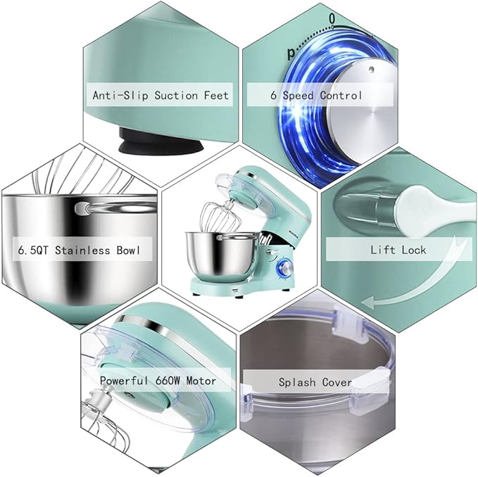 Aucma Stand Mixer,6.5-QT 660W 6-Speed Tilt-Head Food Mixer, Kitchen Electric Mixer with Dough Hook, Wire Whip & Beater (Blue, 6.5QT)