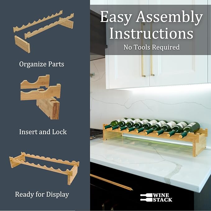 Wine Stack 9 Bottle Bamboo Stackable Small Wine Rack for Countertop, No Tools Assembly, Durable, Wine and Liquor Bottle Storage for Small Spaces