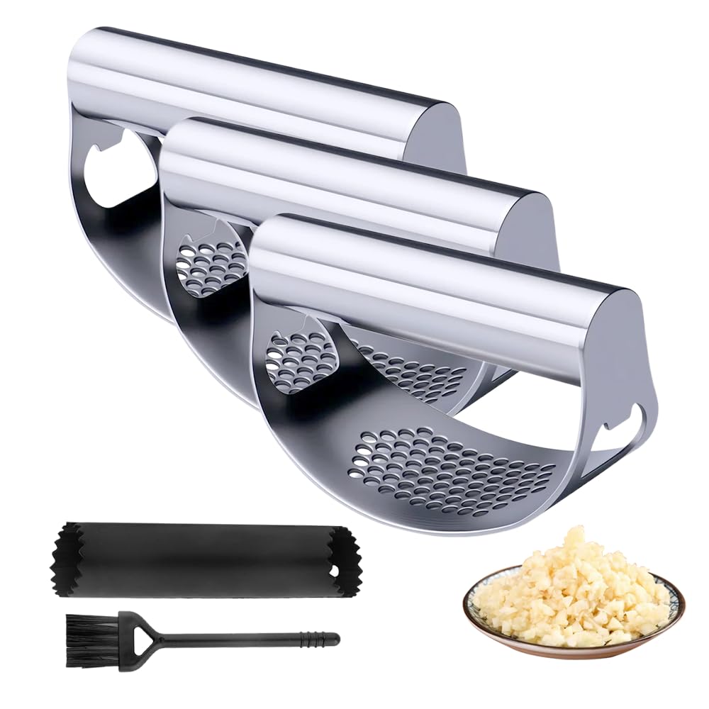 2026 New Garlic Press Rocker, Upgrade Garlic Press Stainless Steel, Portable Manual Stainless Steel Garlic Press Rocker, Innovative Garlic Crusher with Peeler and Scraper (3)