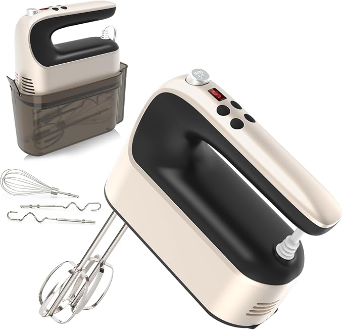 Yomelo 9-Speed Digital Hand Mixer Electric, 400W Powerful DC Motor, Hand Mixer Electric Handheld with Snap-On Storage Case, 5 Stainless Steel Accessories, Beaters, Dough Hooks, Whisk(Champagne Gold)
