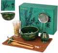 CyaLivoo Matcha Whisk Set, 8 Pcs Gold Plum Blossom Matcha Kit for Japanese Tea Ceremony, Ceramic Bowl with Spout, Bamboo Whisk, Spoon, Scoop, Sifter, Towel, Gift for Beginners and Matcha Lovers(Green)