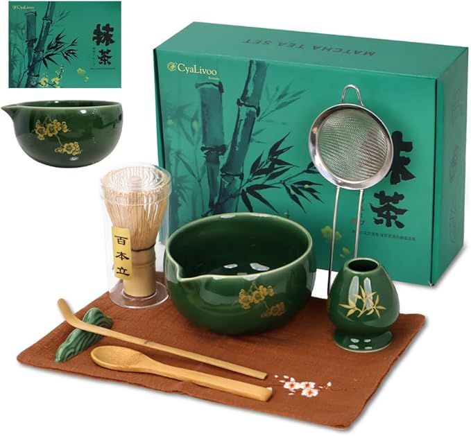 CyaLivoo Matcha Whisk Set, 8 Pcs Gold Plum Blossom Matcha Kit for Japanese Tea Ceremony, Ceramic Bowl with Spout, Bamboo Whisk, Spoon, Scoop, Sifter, Towel, Gift for Beginners and Matcha Lovers(Green)