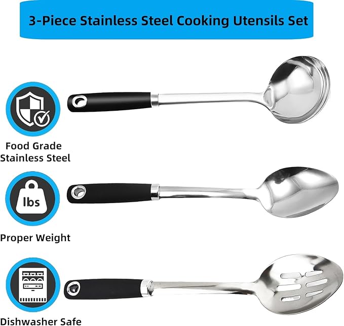 3-Piece Stainless Steel Cooking Utensils Set, Serving Spoon & Ladle