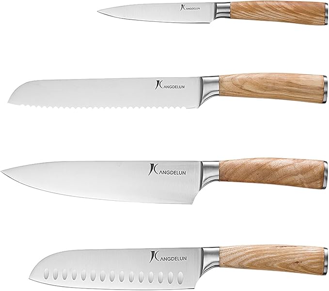 kangdelun Ultra Sharp 4-Piece Chef Knife Set, 50Cr15MoV High-Carbon Stainless Steel, Torrefied Natural Ash Wood Handles, Magnetic Gift Box