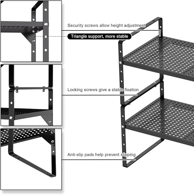 MIYUPTC Expandable Kitchen Cabinet Shelf Organizers, Stackable Metal Pantry Storage Shelves Rack, Adjustable Counter Spice Shelf for Cabinets, Countertop, Cupboard, 2 Pack, Black