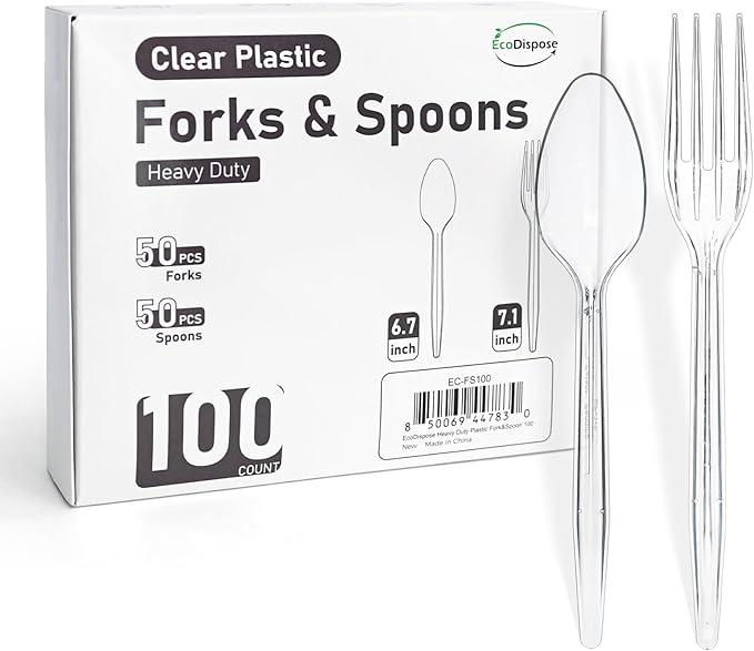 EcoDispose 100 Count Heavy Duty Plastic Silverware, 50 Forks & 50 Spoons
