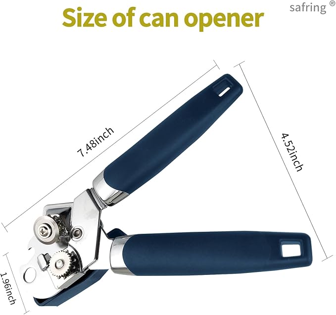Safring Can Opener Manual, Handheld Strong Heavy Duty Stainless Steel Can Opener, Comfortable Handle, Sharp Blade Smooth Edge, Can Openers with Multifunctional Bottle Opener, Blue
